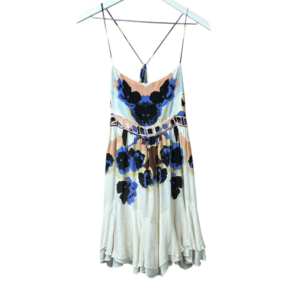 Free People White Floral Slip Dress with Blue and Brown Accents